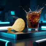 Čips i čaša gaziranog pića na futurističkom stolu s plavim neon svjetlima, ilustracija modernih grickalica u tehnološkom okruženju.