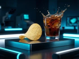 Čips i čaša gaziranog pića na futurističkom stolu s plavim neon svjetlima, ilustracija modernih grickalica u tehnološkom okruženju.