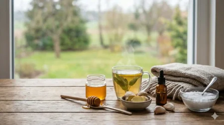 Prirodni kućni lijekovi za upaljeno grlo – topli biljni čaj s medom, đumbirom i češnjakom na drvenom stolu uz eterično ulje i solnu kupku.