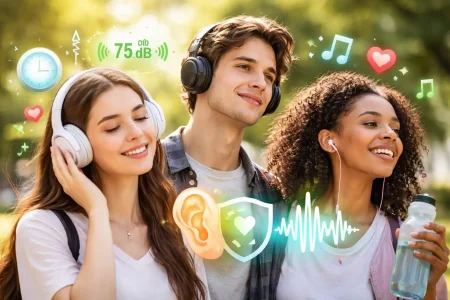 Tri mlade osobe slušaju glazbu u parku uz različite vrste slušalica, okruženi simbolima zdravog slušanja i brige o sluhu.