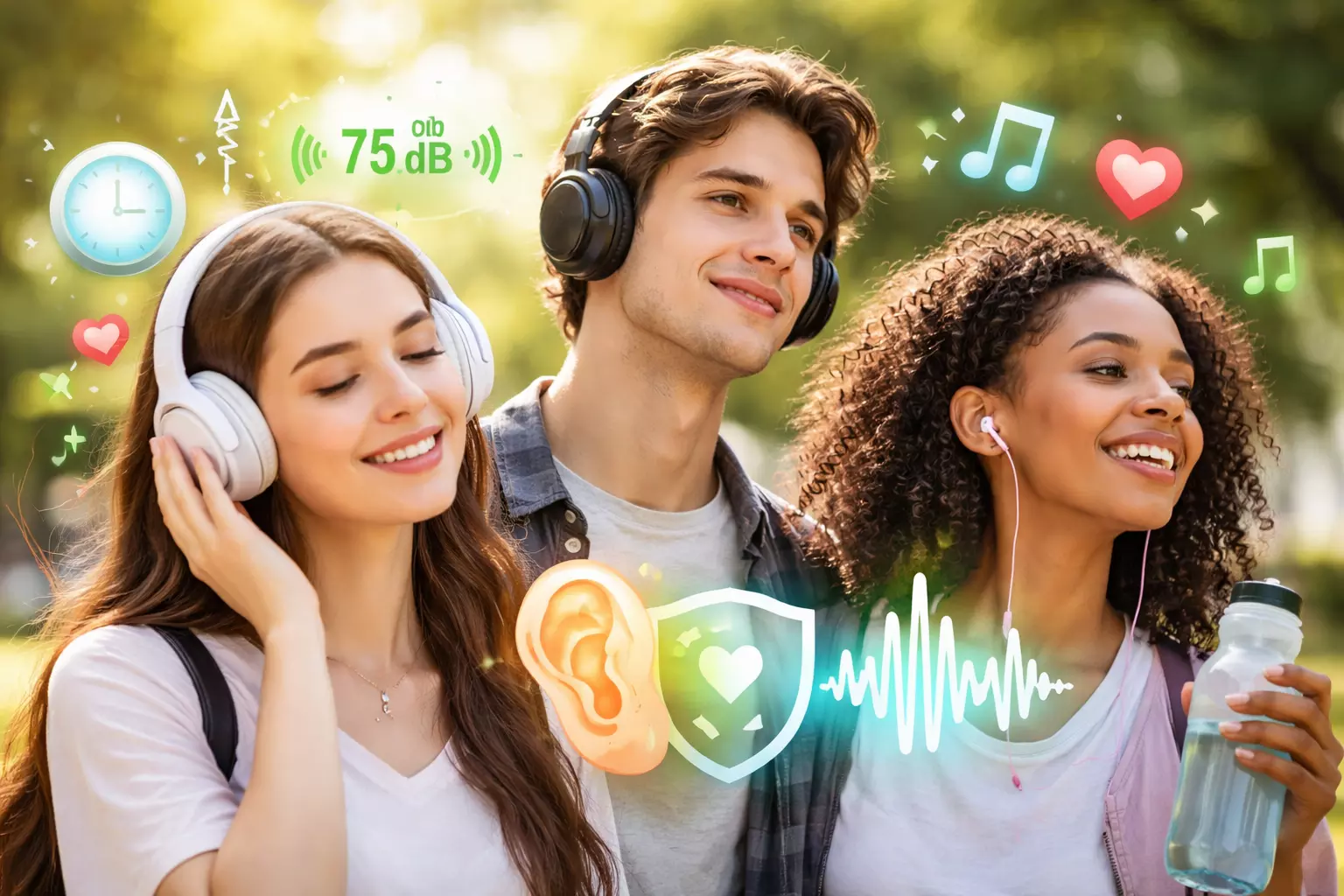 Tri mlade osobe slušaju glazbu u parku uz različite vrste slušalica, okruženi simbolima zdravog slušanja i brige o sluhu.