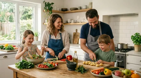 Obitelj zajedno priprema zdrav obrok od svježeg povrća i voća u kuhinji — prevencija debljine kroz obiteljske navike