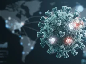 Koronavirus BA.3.2 Cicada prikazan kao 3D virusna čestica ispred svjetske karte koja simbolizira širenje novog soja covida-19 globalno.