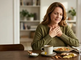 Žena sa žgaravicom sjedi za stolom uz čaj od kamilice, đumbir, bademe, sodu bikarbonu i čašu vode kao domaće lijekove za refluks kiseline.