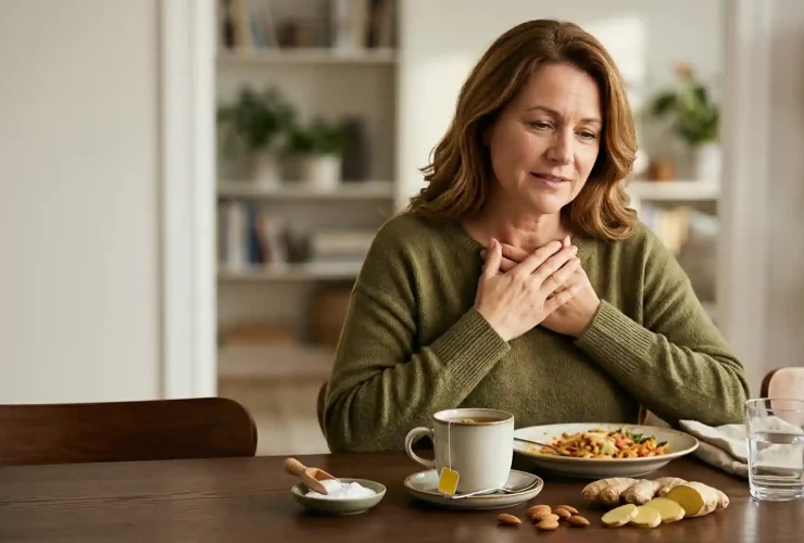 Žena sa žgaravicom sjedi za stolom uz čaj od kamilice, đumbir, bademe, sodu bikarbonu i čašu vode kao domaće lijekove za refluks kiseline.