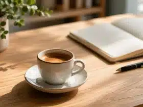 Šalica espressa na drvenom stolu uz otvorenu bilježnicu, olovku i zelenu biljku u toplom minimalističkom radnom prostoru.