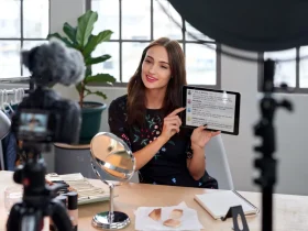 Influencerica za ljepotu sjedi ispred kamere i pokazuje komentare pratitelja na tabletu, okružena četkicama za šminku i profesionalnom rasvjetom