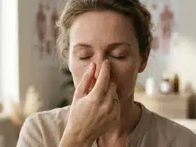 Žena stišće nos prstima kao prva pomoć kod krvarenja iz nosa