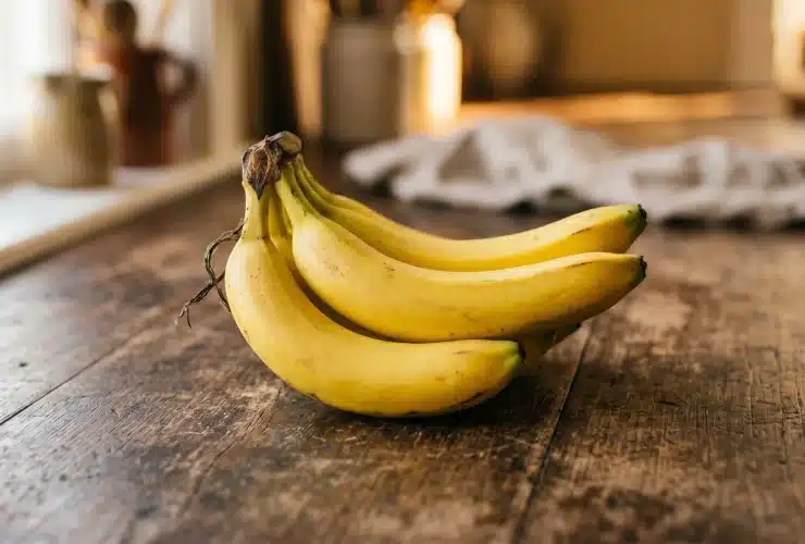 Hrpa zrelih žutih banana na rustikalnom drvenom stolu u kuhinji, svježe tropsko voće spremno za konzumaciju.